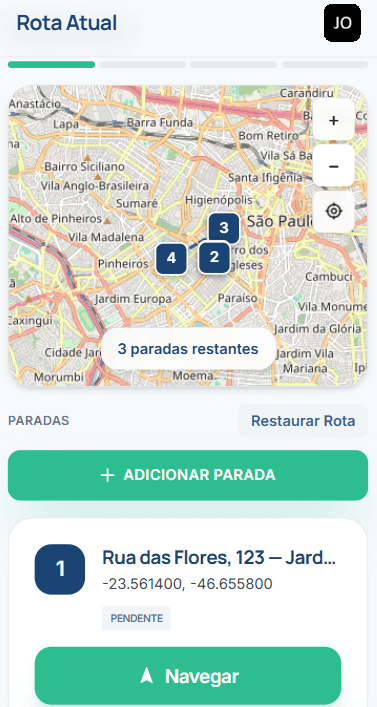 Tela de execução de rota com mapa e lista de paradas